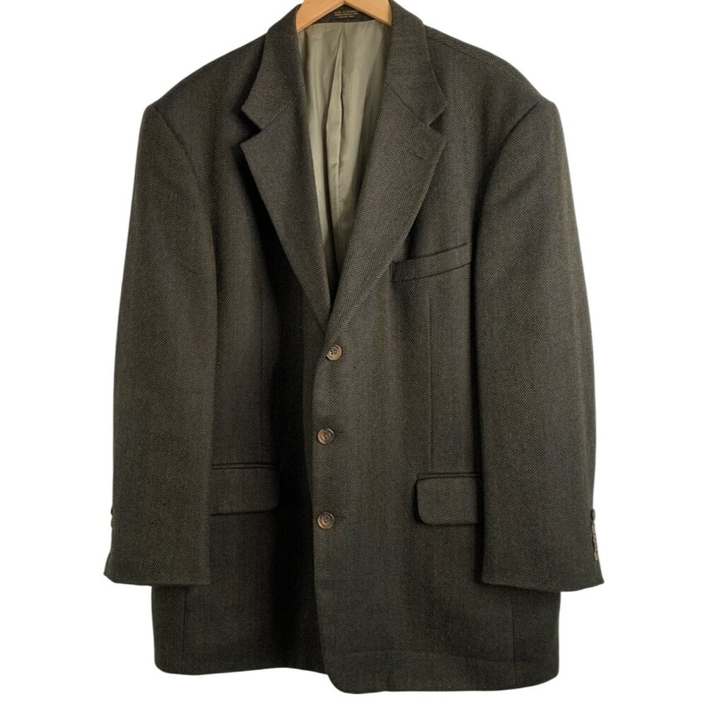 VTG 80s Oscar De La Renta Green Herringbone Wool Blazer 46R Colombia 8901
